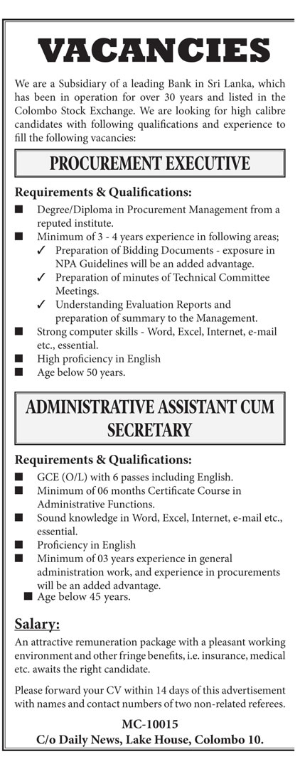 Procurement Executive, Administrative Assistant Cum Secretary - Lake House